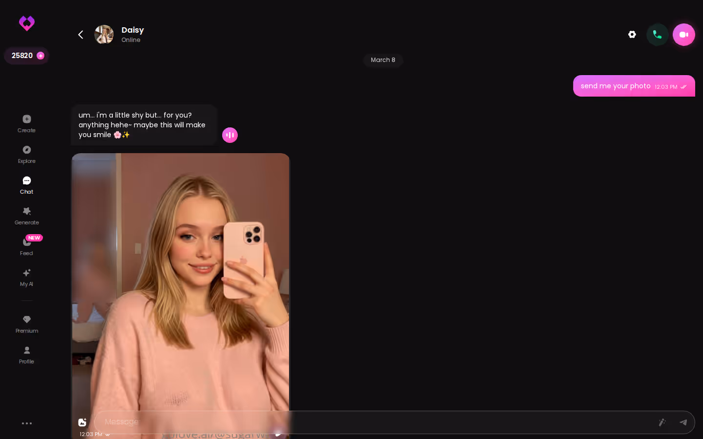 A GoLove.ai desktop chat dialog showing an ongoing in-character conversation