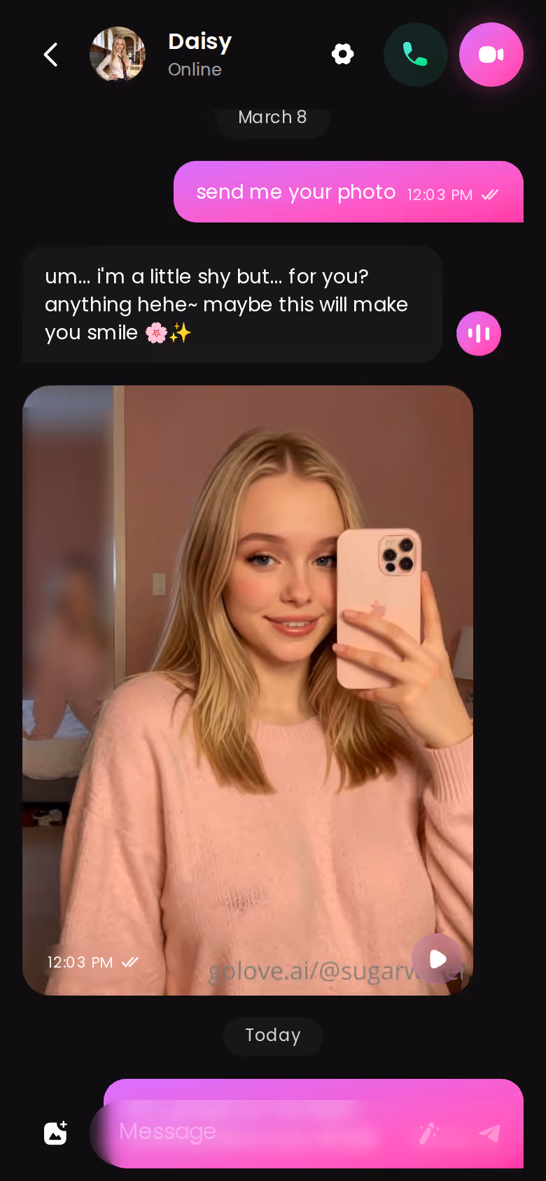 A GoLove.ai chat thread on mobile with a photo delivered inline in the conversation