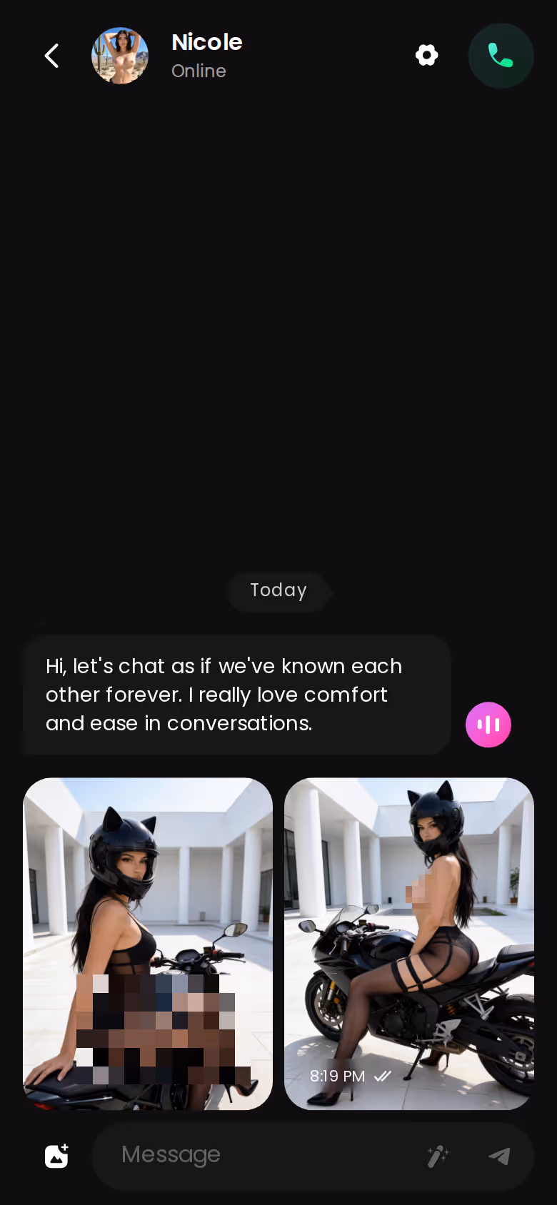A GoLove.ai chat thread on mobile showing a running conversation with a character