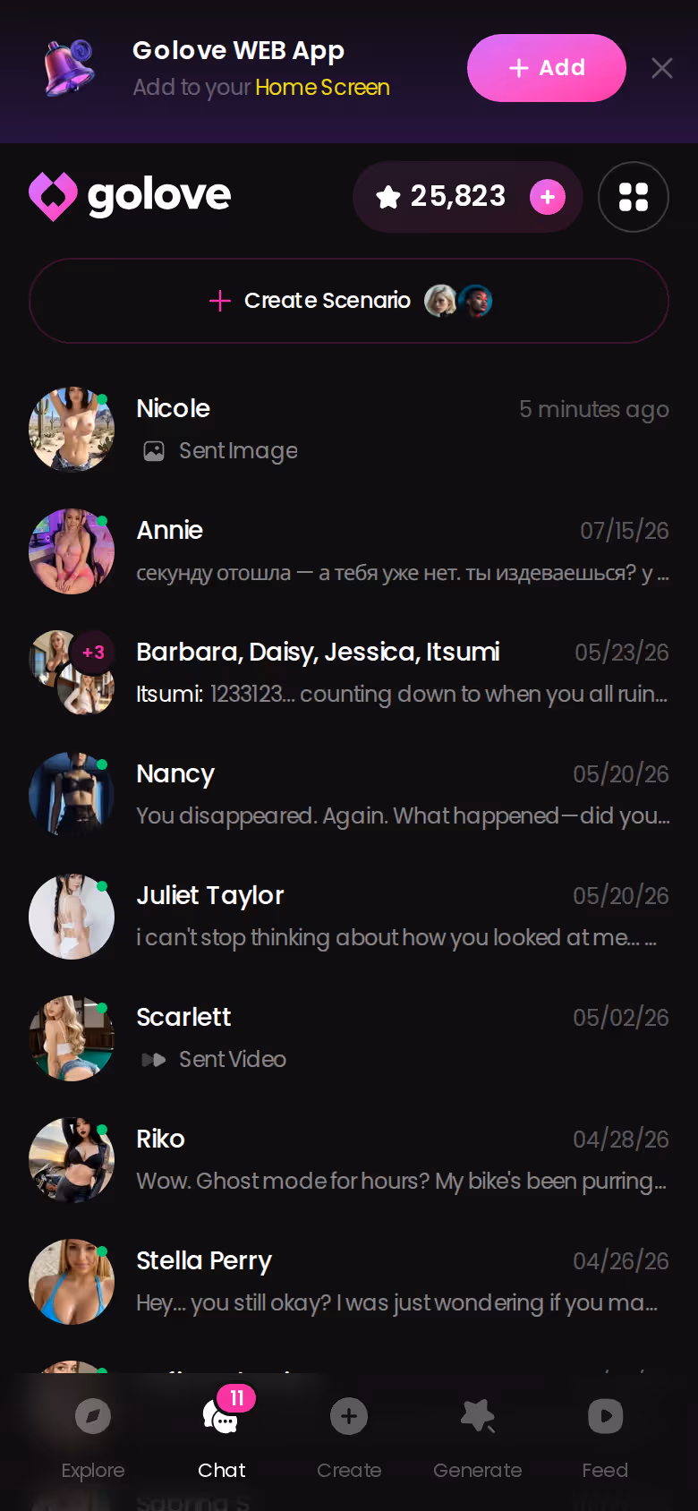GoLove.ai mobile chats list showing multiple companions with last-message previews