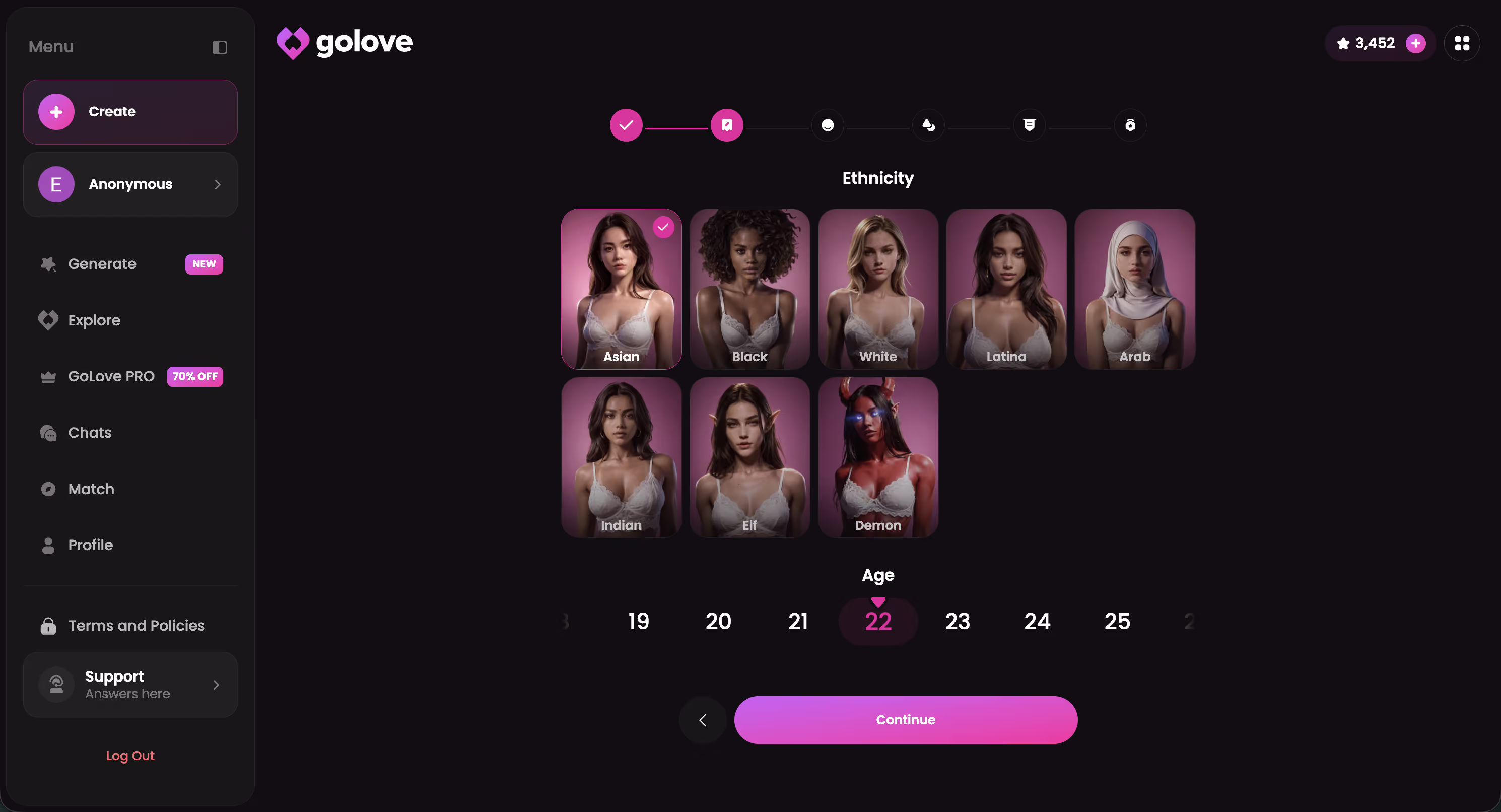 GoLove character selection on mobile showing variety of character types
