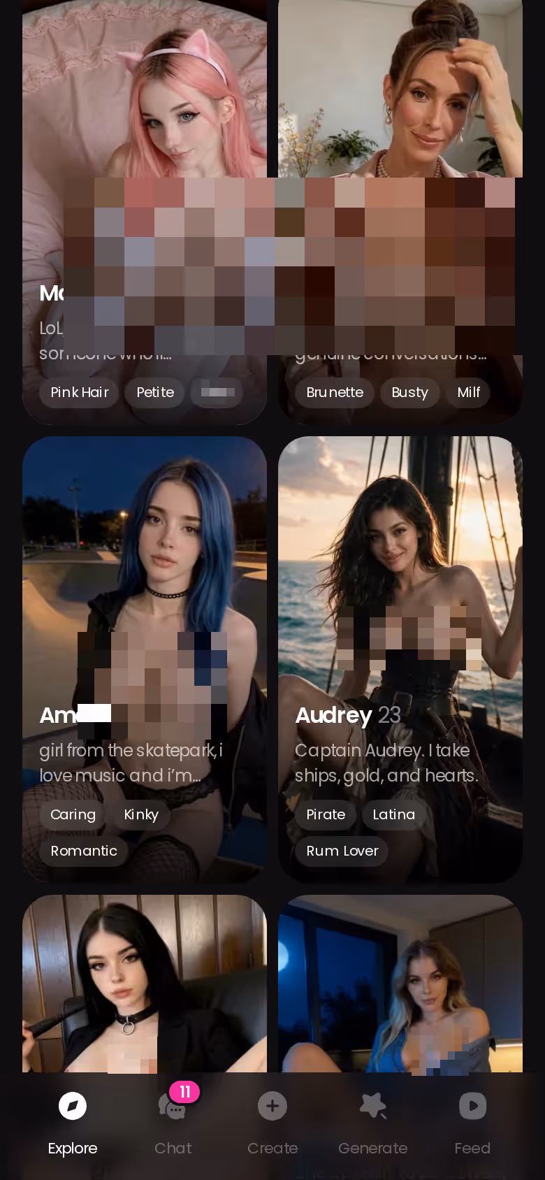 GoLove.ai Explore tab on mobile with realistic character cards