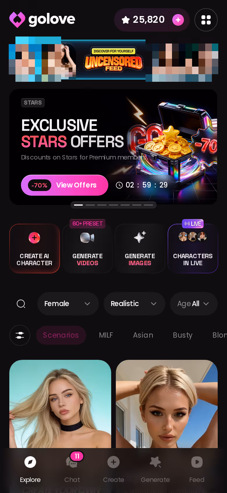 GoLove.ai Explore on mobile with tag chips above the character grid
