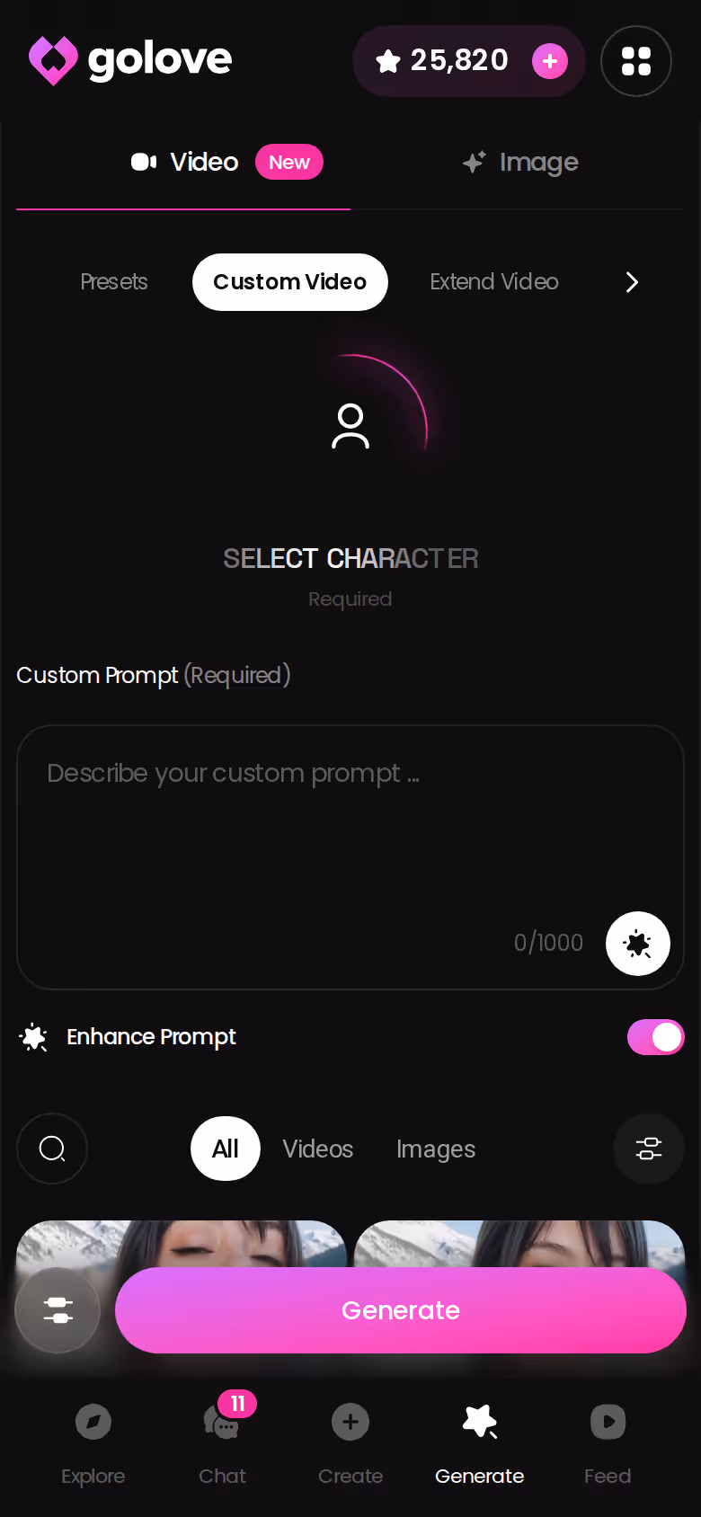 GoLove.ai video generator on mobile with a custom character and stacked preset cards