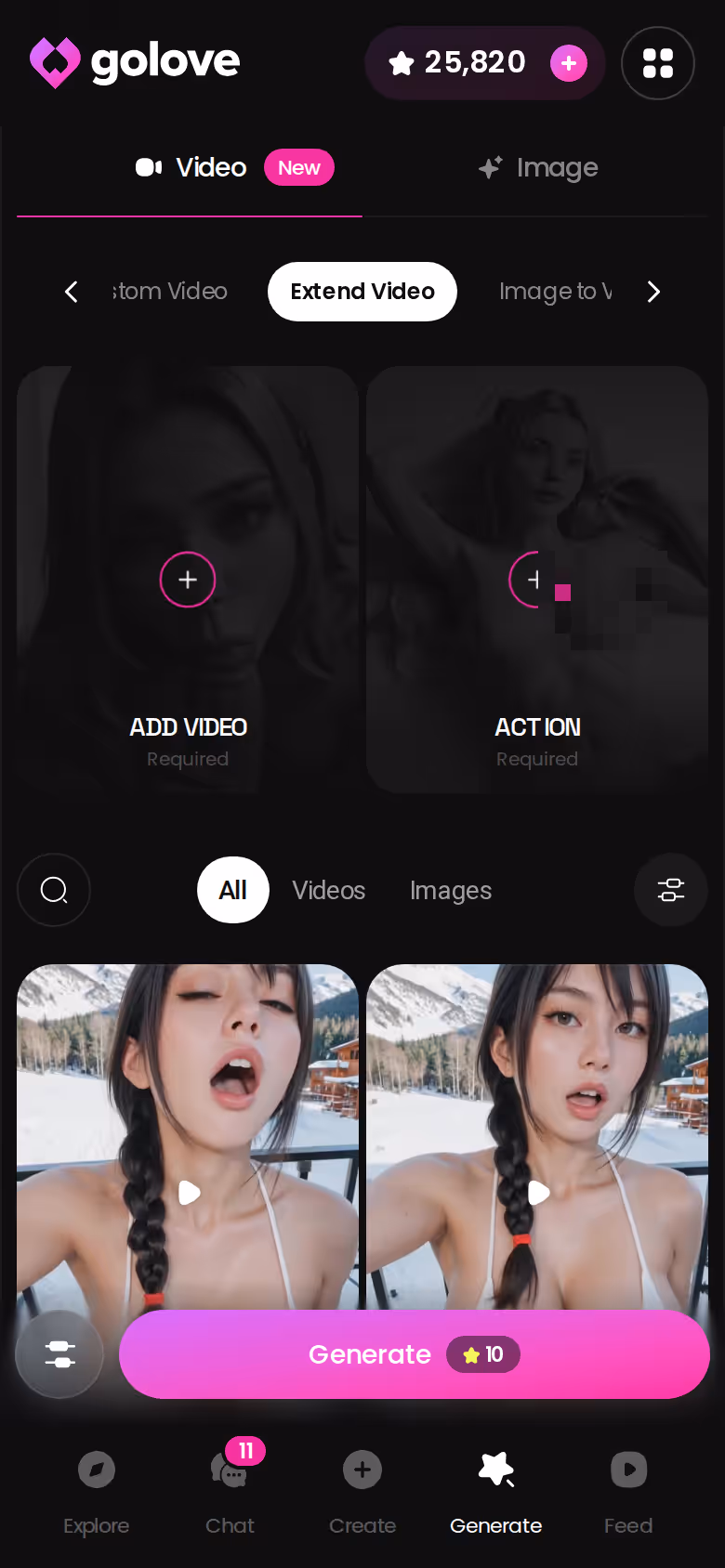 Extend Video on GoLove.ai mobile — stretching an existing clip of the same character