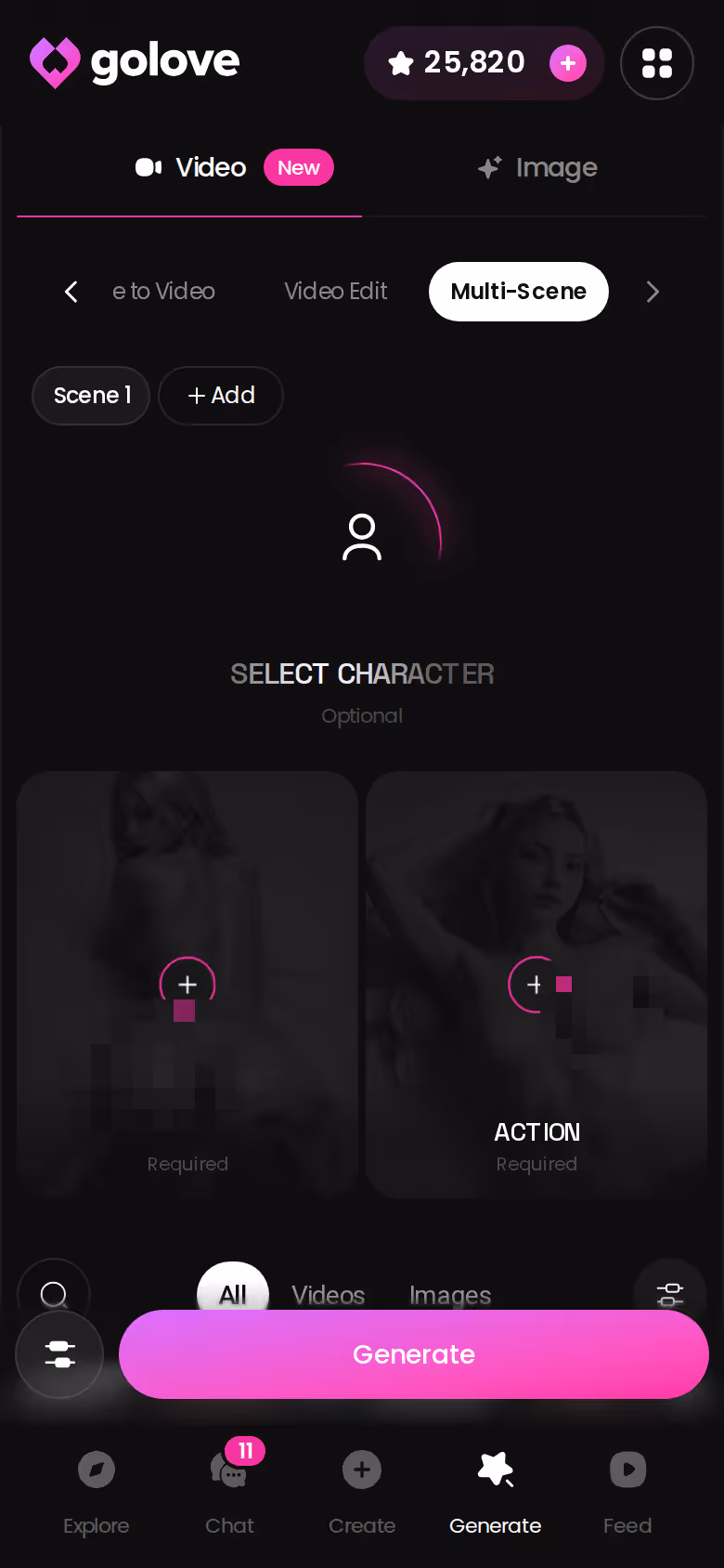GoLove.ai Multi Scene video builder on mobile with preset scene cards