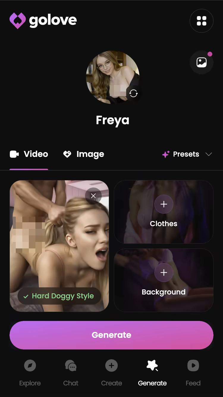 Generating a video with a GoLove.ai character on mobile by picking an action, clothes and scene